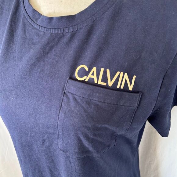 Calvin Klein Navy Blue T-shirt Dress Pocket Metallic Logo Cotton Knee Length M - Picture 3 of 9
